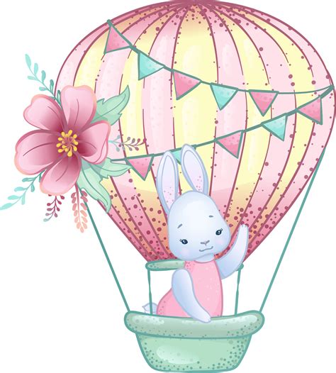 Cute Bunny In Pink Hot Air Balloons With Flower Hand Drawn Cartoon Illustration Png