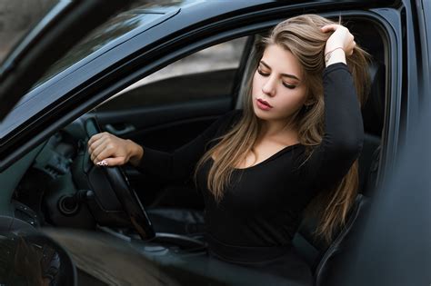 Wallpaper Black Dress Women With Cars Portrait Brunette Sitting