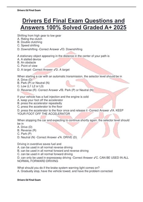 Drivers Ed Final Exam Questions and Answers 100% Solved Graded A+ 2025