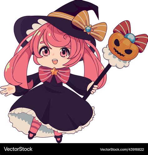 Anime chibi witch with pumpkin wand Royalty Free Vector