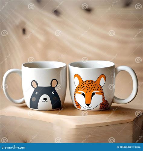 Cute Animal Design Mugs - Ai Generated Image Stock Illustration