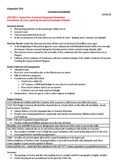 GEO1316 Lecture Notes: Exeter's Geography & Urban Development (1-6