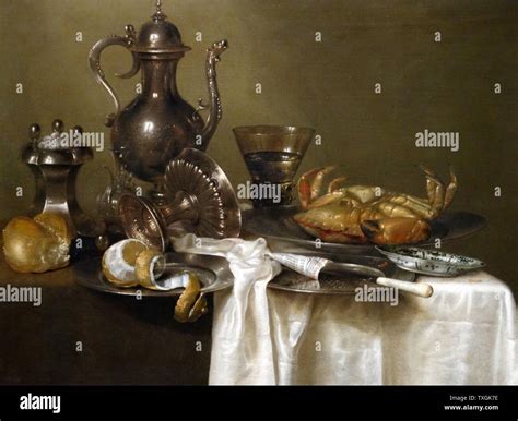 Painting Titled Still Life Pewter And Silver Vessels And A Crab By