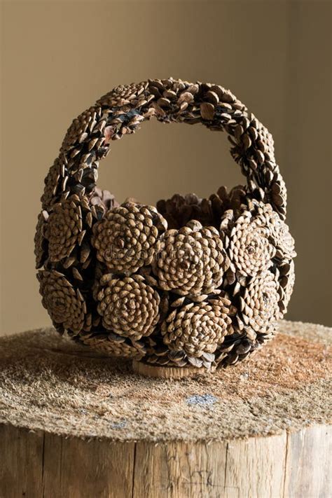 Hand Basket Made Of Pine Cones Placed On Log Stock Image Image Of