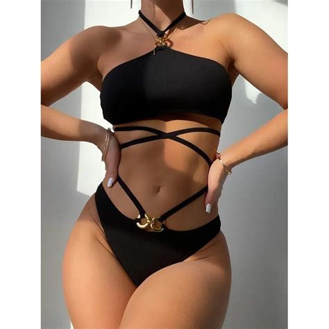 Bikini Gold Metal Ring Attached To Waist Sexy Womens Long Rope Swimsuit Swimsuits And Bikini