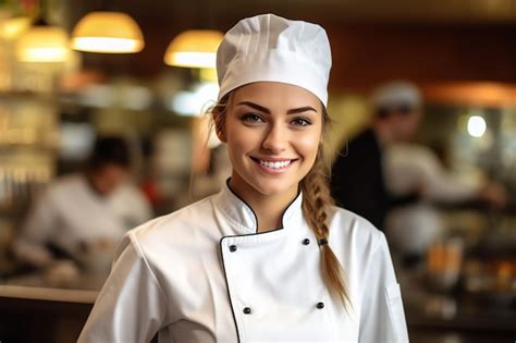 Premium Photo A Woman Wearing A Chefs Hat Stands In A Restaurant
