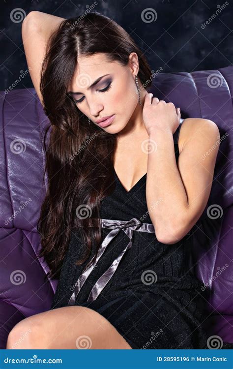Brunette Woman On Sofa Stock Photo Image Of Hair Cosmetic