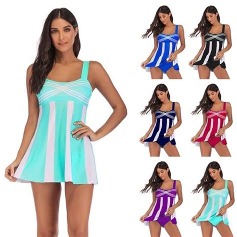 Maillot de Bain avec Jupette Femme Grande Taille Bikini écharpe Bikini de Plage Rayures Bleu