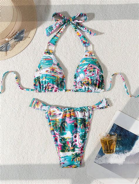 Women S Palm Tree Printed Halter Neck Tie Sexy Bikini Set For Summer Beach Shein Usa