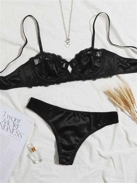 Contrast Lace Satin Push Up Lingerie Set L Black Artofit
