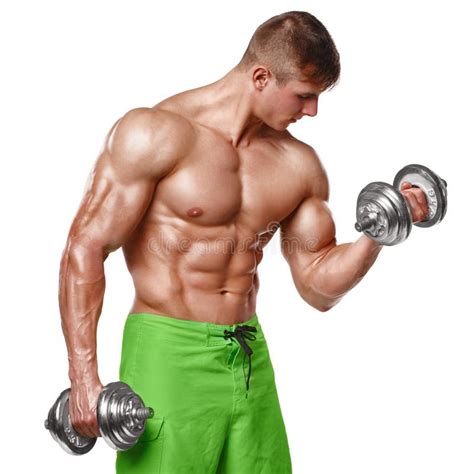 Muscular Man Working Out Doing Exercises With Dumbbells At Biceps Strong Male Naked Torso Abs