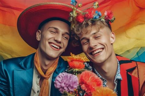 Una Hermosa Pareja Gay Feliz Con Los Colores Del Arco Iris En Un Campo De Flores Mes Del Orgullo