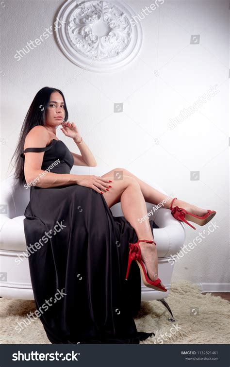 Sexy Curvy Brunette Black Long Dress Stock Photo 1132821461 Shutterstock