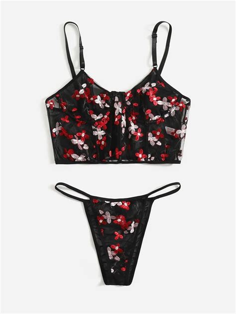 Floral Embroidered Mesh Underwire Lingerie Set For Sale Australia New Collection Online SHEIN