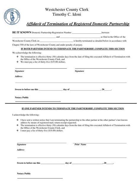 Westchester County New York Affidavit Of Termination Of Registered