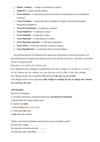 Vossa Senhoria Pronome De Tratamento - pronomes pessoais e de tratamento | DOCX