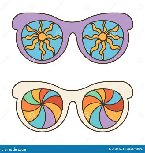 Set Groovy Psychedelic Sunglasses In S Retro Hippie Style Stock