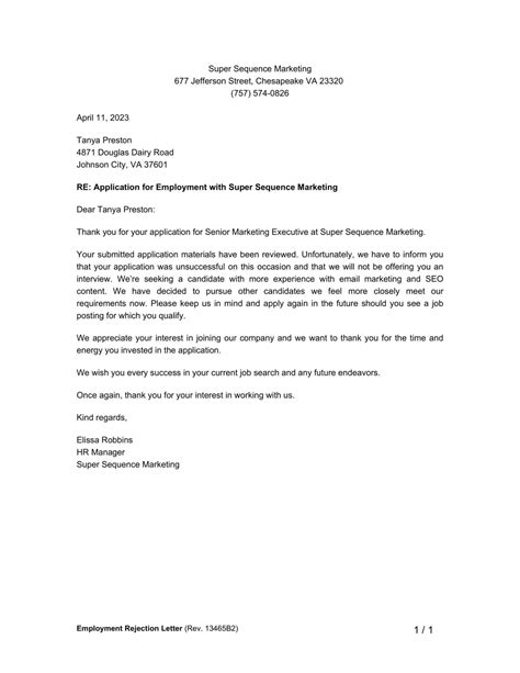 Sample Letter Of Rejection Of Employment Offer Free Word Template