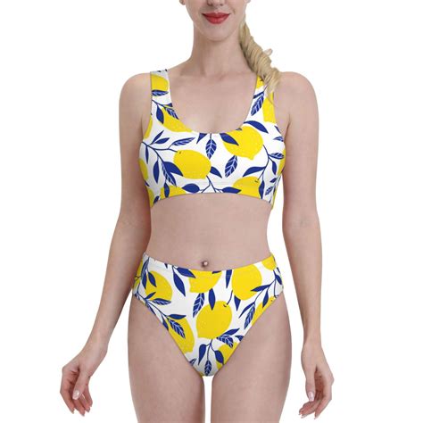 Lukts Women High Waisted Bikini Set Tropical Lemon Swimsuit Piece Bathing Suit Tummy Control