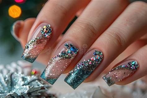 Chic Hand With Teal And Nude Nails Adorned With Rhinestones On Blurred Fir Tree Background Stock