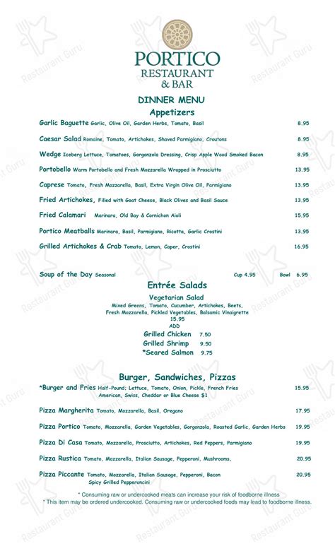 Menu at Portico Restaurant, Richmond, River Rd