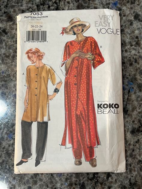 1999 Vogue Sewing Pattern 7053 By Koko Beall Misses Long Tunic With Loose Pants Size 20 24 Uncut