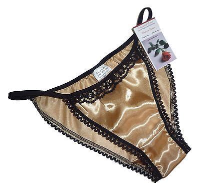 Gold Shiny Satin Panties Mini Tanga String Bikini Black Lace Made In France Ebay