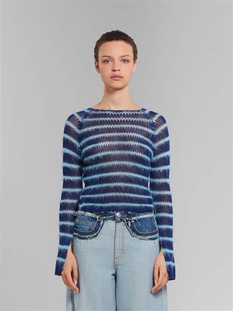 Blue Boat Neck Jumper With Mohair Stripes Marni