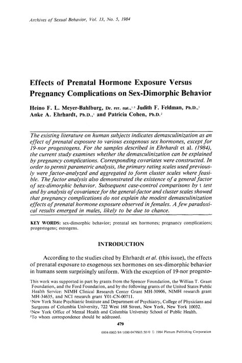 PDF Effects Of Prenatal Hormone Exposure Versus Pregnancy Complications On Sex Dimorphic Behavior