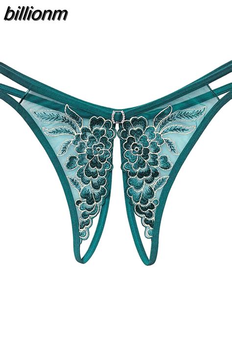 Billionm Sexy Women Open Crotch Low Waist Undwear Thong Hot Sell See Through Embroidery Floral