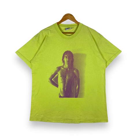 Rare Vintage IGGY POP Nude Rude In North America Tour T Shirt Large Size Lime Green