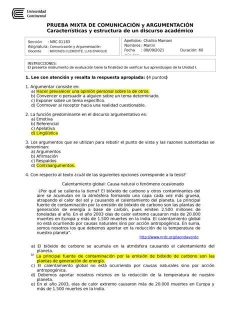 Evaluación Consolidado 1 PRUEBA MIXTA DE COMUNICACIÓN y ARGUMENTACIÓN