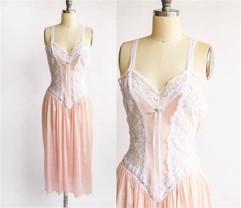 1980s Nightgown Sheer Lace Long Slip Lingerie Dress DVF Deja Vintage