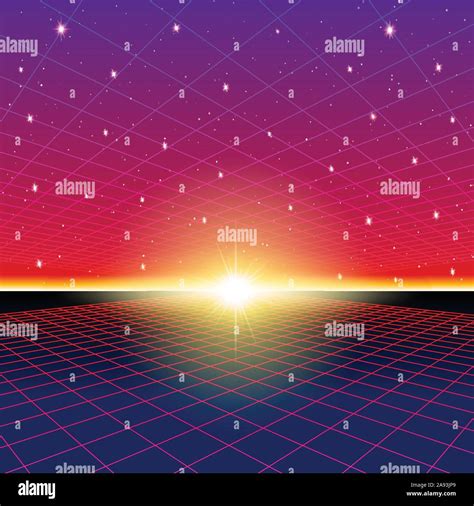 Retro Neon Background With S Styled Laser Grid And Stars Stock Vector