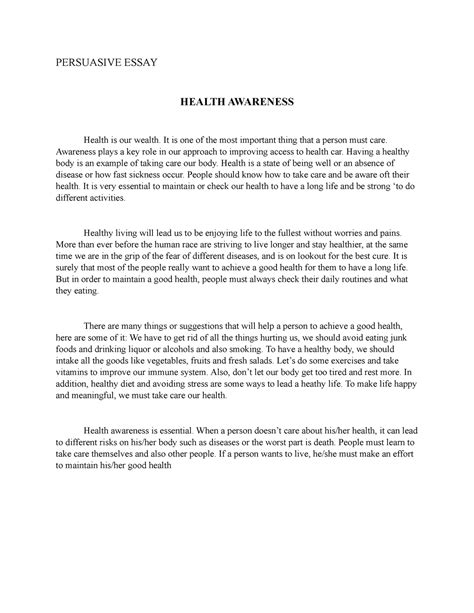 Purcom Persuasive Essay Persuasive Essay Health Awareness Health