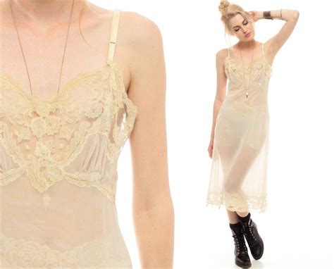 Lace Slip Dress Sheer Lingerie 60s Midi MESH Plunging Neckline
