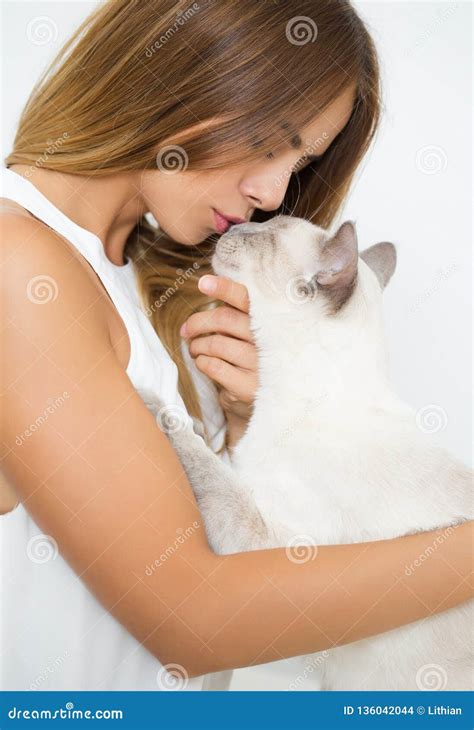 Gorgeous Brunette With Her Cat Stock Photo Image Of Domestic Affection