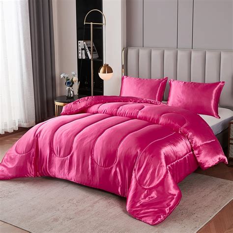 Amazon Satin Comforter Set Queen Silk Like Hot Pink Alternative Down Comforter Soft