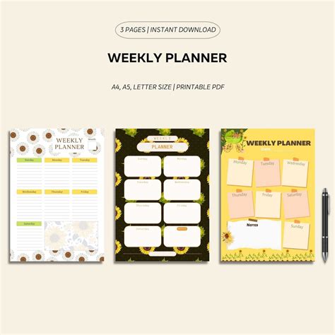 Weekly Planner Printable Minimalist Weekly Schedule Sunflower Weekly