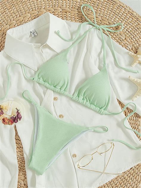 Women Triangle Halter Bikini Set High Cut String Thong Bathing Suit