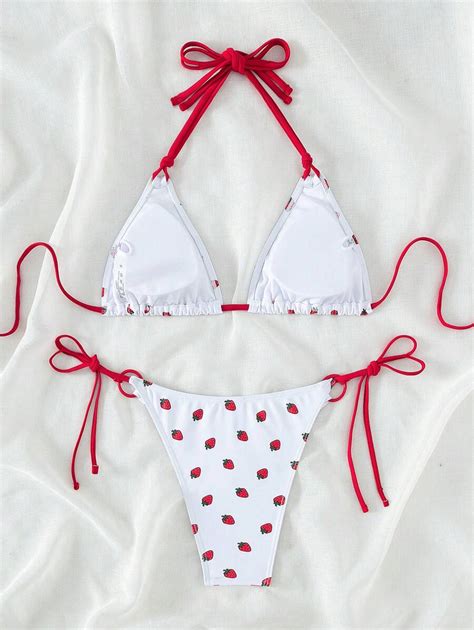 Swim Mod Summer Beach Strawberry Print Halter Triangle Bikini Set Shein Uk