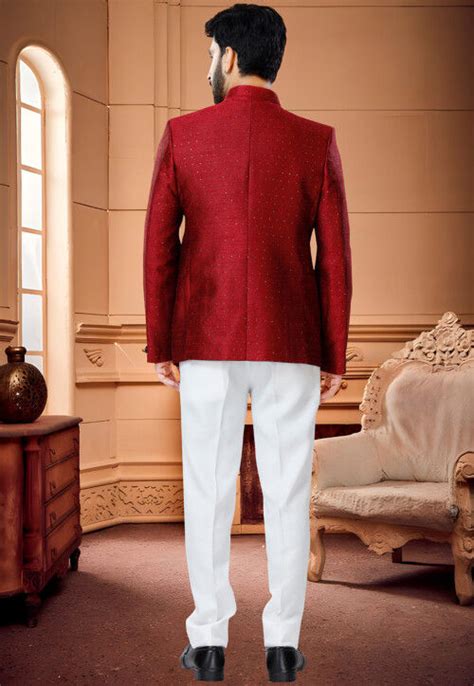 Buy Woven Art Silk Jacquard Jodhpuri Suit In Red Online Muy