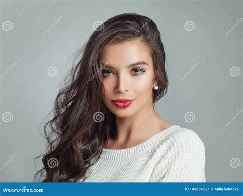 Beautiful Woman Brunette Model Portrait Cute Girl With Makeup And Curly Hair Stock Image