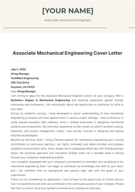 Free Associate Mechanical Engineering Cover Letter Template Edit