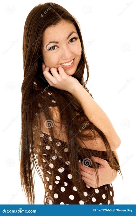 Cute Brunette Teen Wearing A Brown Polka Dot Dress Stock Photo Image Of Beautiful Attractive