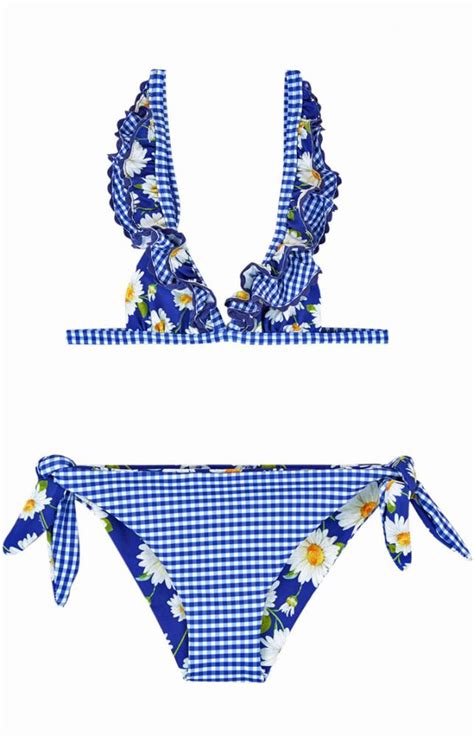 Monnalisa Bimba Bikini MARGHERITE in blue vichy mit Rüschen Oberteil Wende Höschen