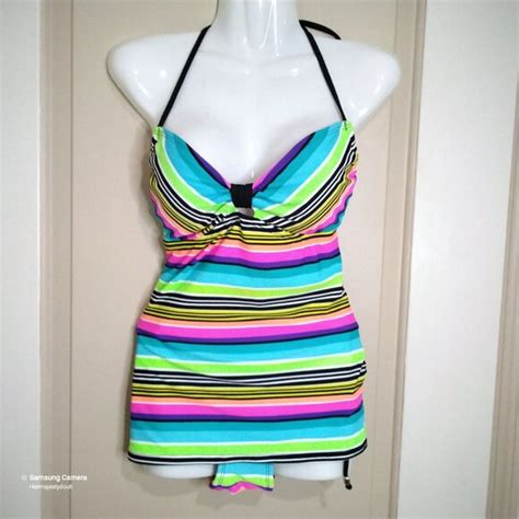 Hobie Swim Hobie Multistriped Backless Halter Tankini Top Tie Side String Bikini Bnwt M