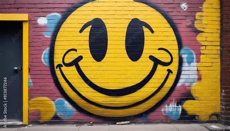 full painted Brick wall with painted Yellow smiley face in graffiti ...