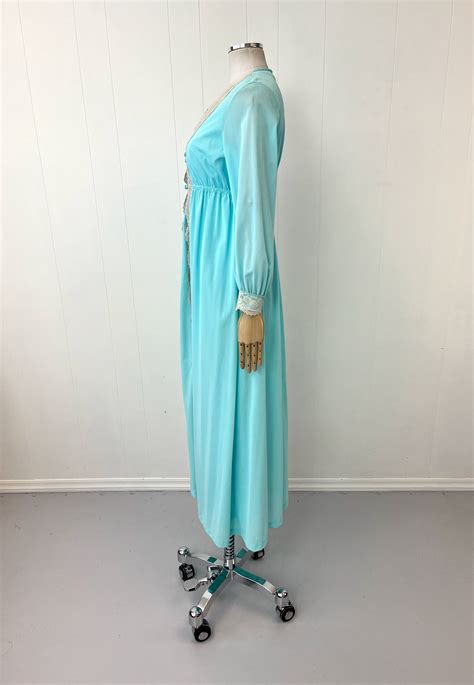1960s Turquoise Blue Lace Radcliffe Nylon Nightgown Robe Lingerie Boudoir Peignoir Two Piece Set