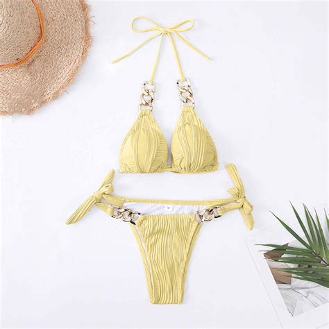 Pstuiky Bikini Women Solid Color Lace Up Tops Thong Swimsuit Sexy Bathing Suits Push Up